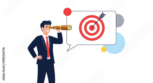Businessman using gold telescope to find business goals and targets in bubble speech isolated on white background.