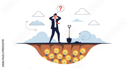 Confused businessman holding head while standing near shovel over ground full of hidden bright light bulb ideas.