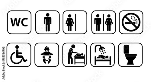 Toilet icons set with wc restroom and public facility symbols
