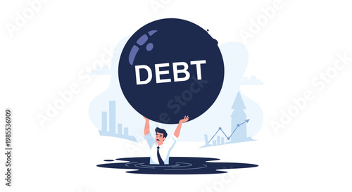 Stressed businessman struggling to hold a heavy giant ball of debt while sinking into black water in concept of financial crisis.
