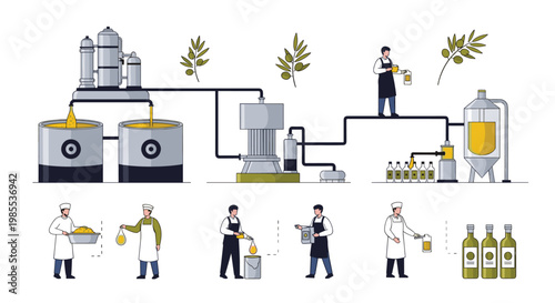 Olive oil production process diagram showing extraction machinery bottling line and workers in factory environment.
