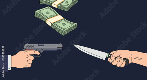 Conflict between two people using gun and knife to fight for stolen money falling from top on a dark background.