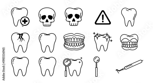 Tooth icons set with dental care tools skull and denture symbols
