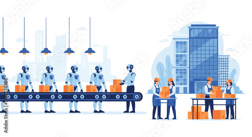 Comparison between automated robot assembly line and human labor in a modern industrial warehouse setting.