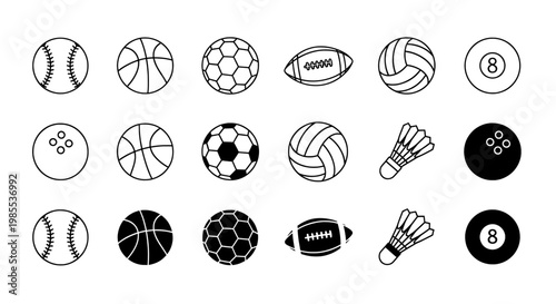Ball icons set with sports equipment and game symbols
