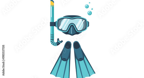 Underwater diving equipment set with blue snorkel mask breathing tube and pair of swim fins on white background.