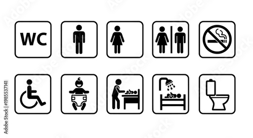 Toilet icons set with wc restroom and public facility symbols
