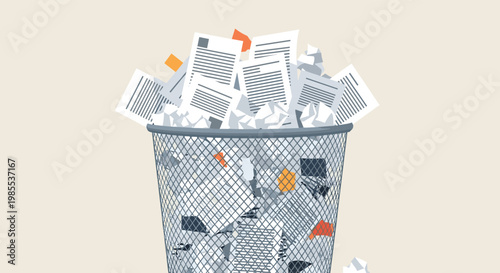 Metal wire trash can overflowing with wasted paper documents and crumpled sheets representing office waste or failed ideas.