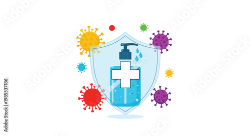 Protective shield over hand sanitizer bottle defending against colorful virus germs for hygiene and health safety.