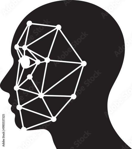 Facial recognition technology with abstract mesh over human head identifying biometric points
