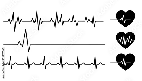 Heartbeat icons set with ecg pulse lines and heart symbols
