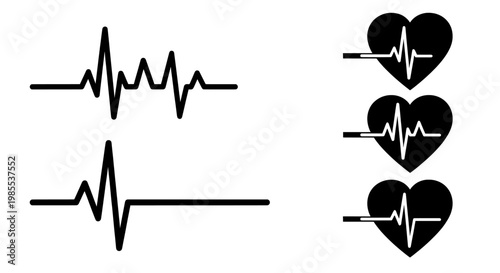 Heartbeat icons set with ecg pulse lines and heart symbols
