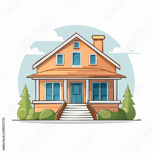 Charming suburban house illustration with a cozy porch and vibrant green landscaping, perfect for real estate and home design concepts