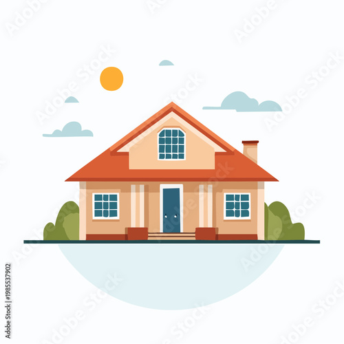 Charming flat design illustration of a cozy family home with a red roof and garden, set under a sunny sky
