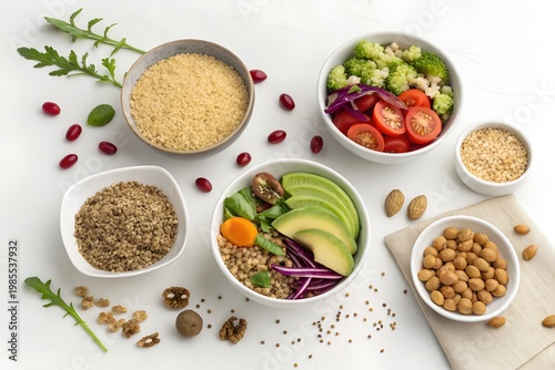 Amaranth Month A variety of healthy food bowls with vegetables, grains, and nuts on a white background