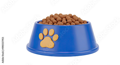 Blue Dog Food Bowl with Paw Print and Kibble