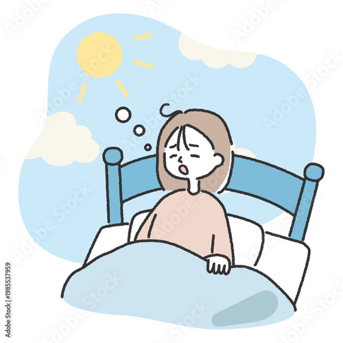 朝にあくびをしながら起床する若い女性のイラスト