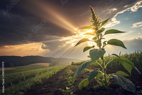 Amaranth Month A serene landscape of a plant growing in a field at sunset with sun rays shining through the clouds