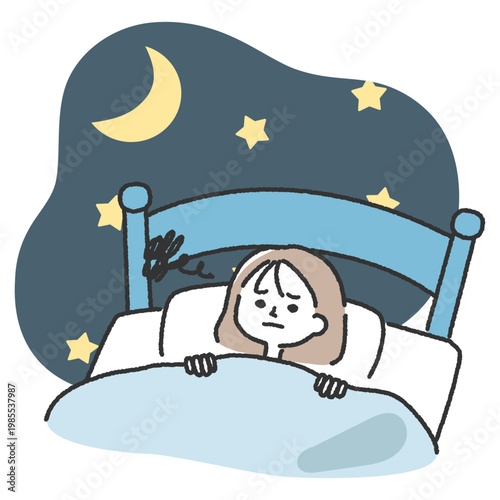 夜にベッドの中で眠れずに悶々と考え事をする若い女性のイラスト