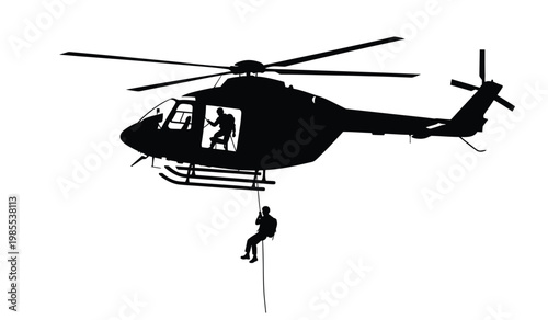 A black silhouette of a helicopter with a rappelling figure descending on a rope showcasing a rescue operation silhouette high quality professional detailed modern
