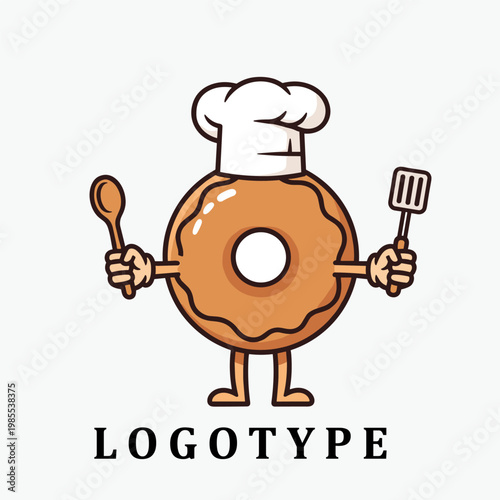 Cute Donut Chef Character Holding Spoon and Spatula Vector Mascot Logo Design