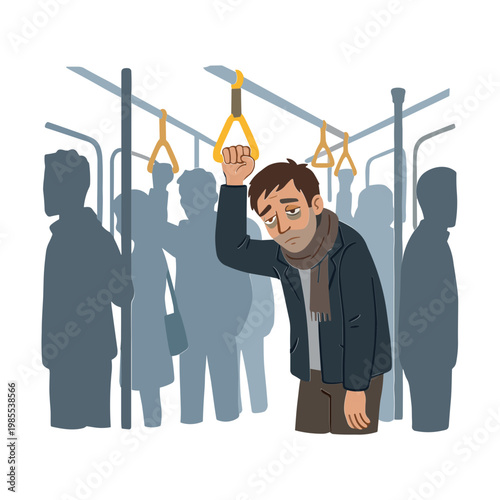Man holds handle while standing among silhouettes on crowded transportation