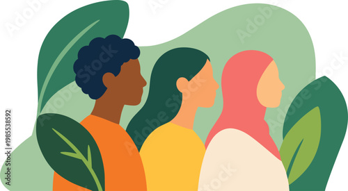 Multicultural people side profile with leaf background eco diversity flat vector illustration.