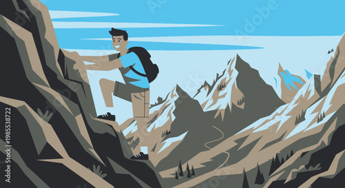 Man climbing mountain peak, adventure, extreme sports, hiking, outdoor activity