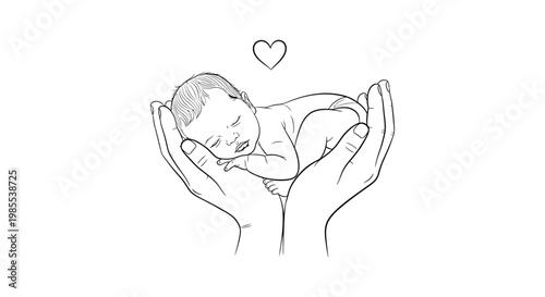 Delicate line art drawing of a newborn baby sleeping peacefully in cupped hands with a heart symbol above representing new life love and protection