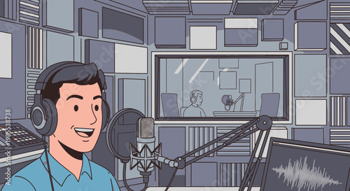 Man in Headphones Speaking into Microphone in Radio Studio