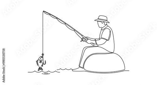 Fisherman sitting on rock with caught fish on line sketch