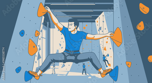 Man Rock Climbing Indoors, Bouldering Wall, Active Lifestyle, Extreme Sports