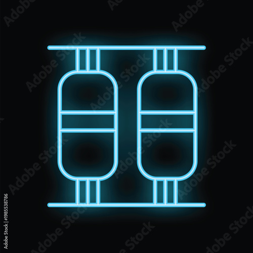Neon blue icon of two oxygen cylinders glowing on dark background