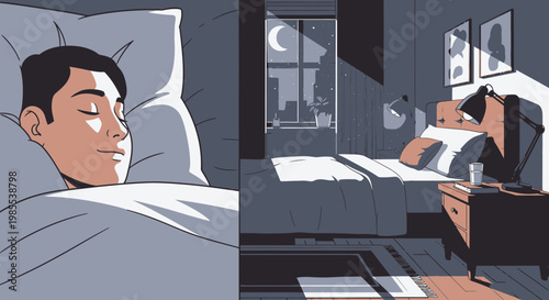 Man sleeping peacefully in bed at night, bedroom interior with city view