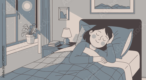 Young Woman Sleeping Peacefully in Bed, Moonlight and Snow Falling