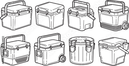 Various styles of vintage leather suitcases with metal clasps and handles Vector