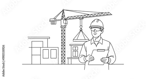 Construction worker in hard hat with clipboard inspects building site with crane illustration