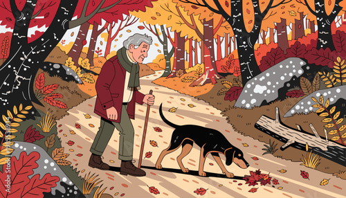 An elderly man walks his dog on a winding autumn path surrounded by vibrant fall foliage and colorful trees.