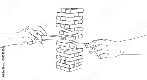 Two hands carefully remove wooden blocks from a tower creating suspense and risk of collapse illustration