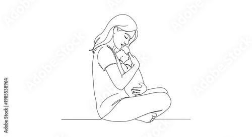 Mother holding baby tenderly in a loving embrace illustration with minimalist lines