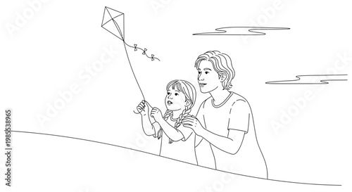 Father and daughter flying a kite outdoors in a simple line drawing
