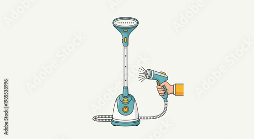 Blue garment steamer with handheld nozzle expelling steam illustration; home appliance for ironing clothes; vector design on white backdrop