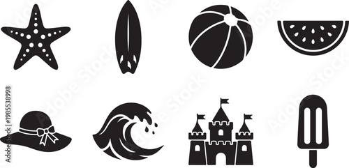 Summer icons, beach symbols, vacation graphics, black set