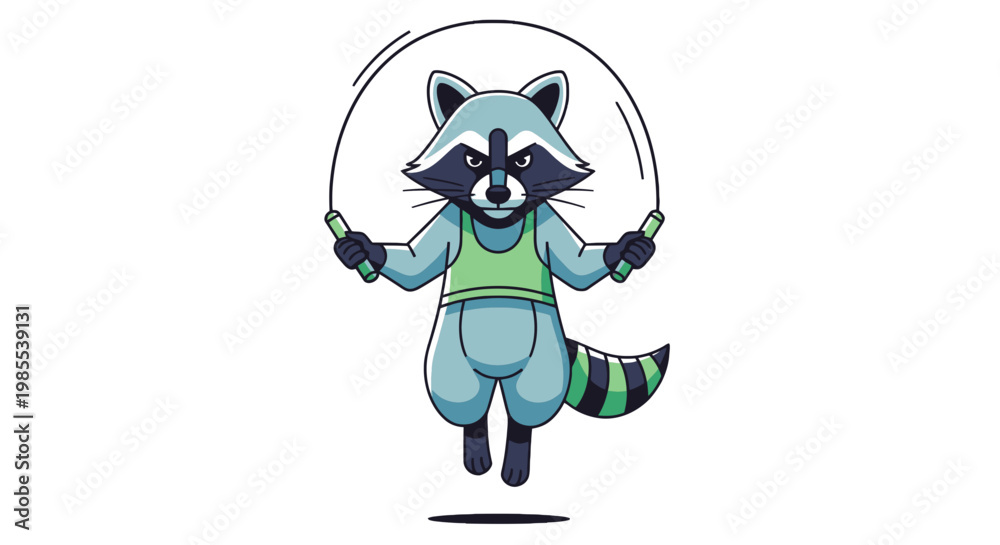 Fototapeta premium Cartoon raccoon character skipping rope in athletic workout gear; fun vector mascot design on white for active lifestyle concepts