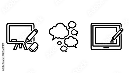 Whiteboard with pencil and eraser thought bubbles tablet with stylus thought bubble whiteboard creativity communication education business strategy brainstorming planning learning