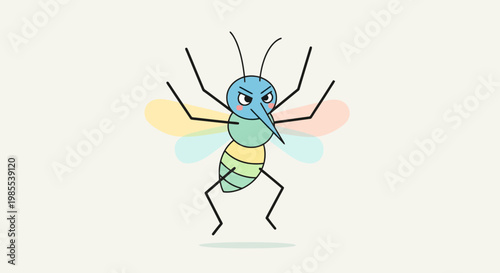 Cartoon mosquito with angry expression raising arms in a menacing pose colorful vector illustration on light backdrop
