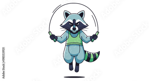Cartoon raccoon character skipping rope in athletic workout gear; fun vector mascot design on white for active lifestyle concepts