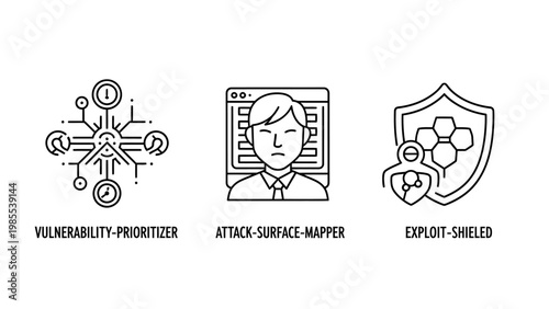 Cybersecurity icons for vulnerability prioritization attack surface mapping exploit mitigation with protection strategy cyber threat risk management security assessment data security network secu
