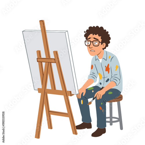 A man is sitting on a stool painting on an easel
