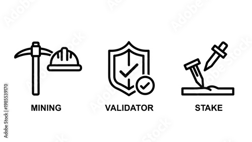 Blockchain technology icons: mining validator stake with smart contract proof of work blockchain validator cryptocurrency technology security computer illustration abstract decentralized